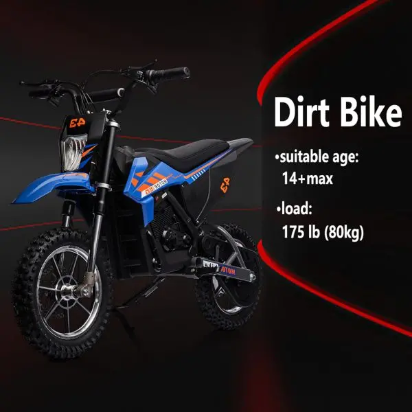 36V Kids' Electric Dirt Bike – 350W Motor, 15.5 MPH Max Speed, LED Lights, Blue