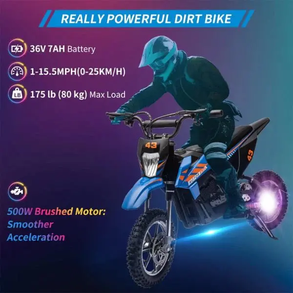36V Kids’ Electric Dirt Bike – 350W Motor, 15.5 MPH Top Speed, LED Lights, and 175-Lb Weight Capacity (Blue)