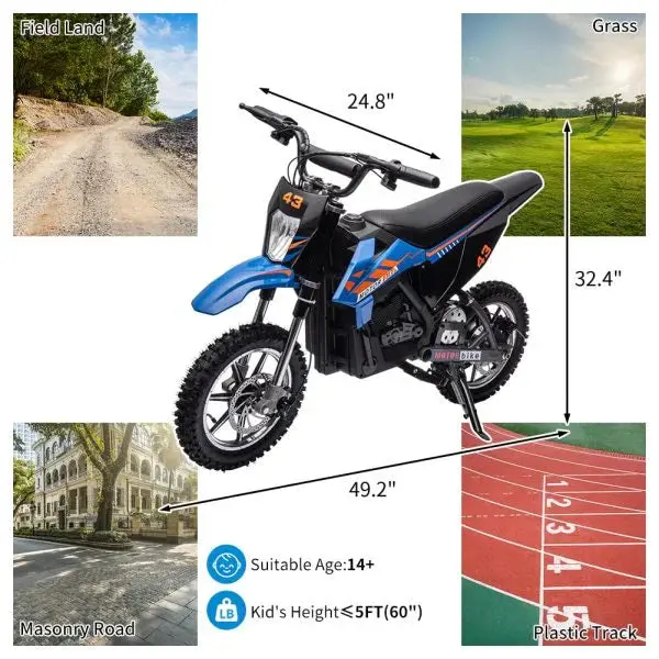36V Kids’ Electric Dirt Bike – 350W Motor, 15.5 MPH Top Speed, LED Lights, and 175-Lb Weight Capacity (Blue)
