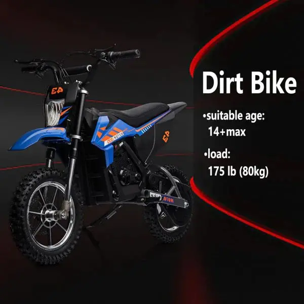 36V Kids’ Electric Dirt Bike – 350W Motor, 15.5 MPH Top Speed, LED Lights, and 175-Lb Weight Capacity (Blue)