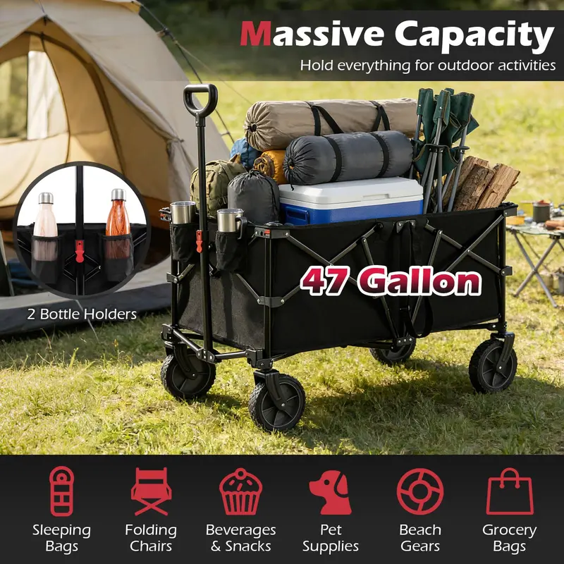 38-Inch Collapsible All-Terrain Wagon Cart with Dual Cup Holders and Smooth-Rolling Wheels