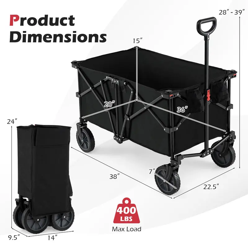 38-Inch Collapsible All-Terrain Wagon Cart with Dual Cup Holders and Smooth-Rolling Wheels
