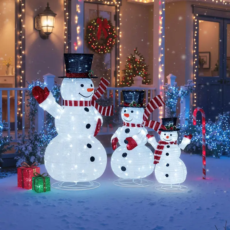 3D Pre-Lit Snowman Decoration Set – Festive Holiday Display with 270 Warm White LED Lights
