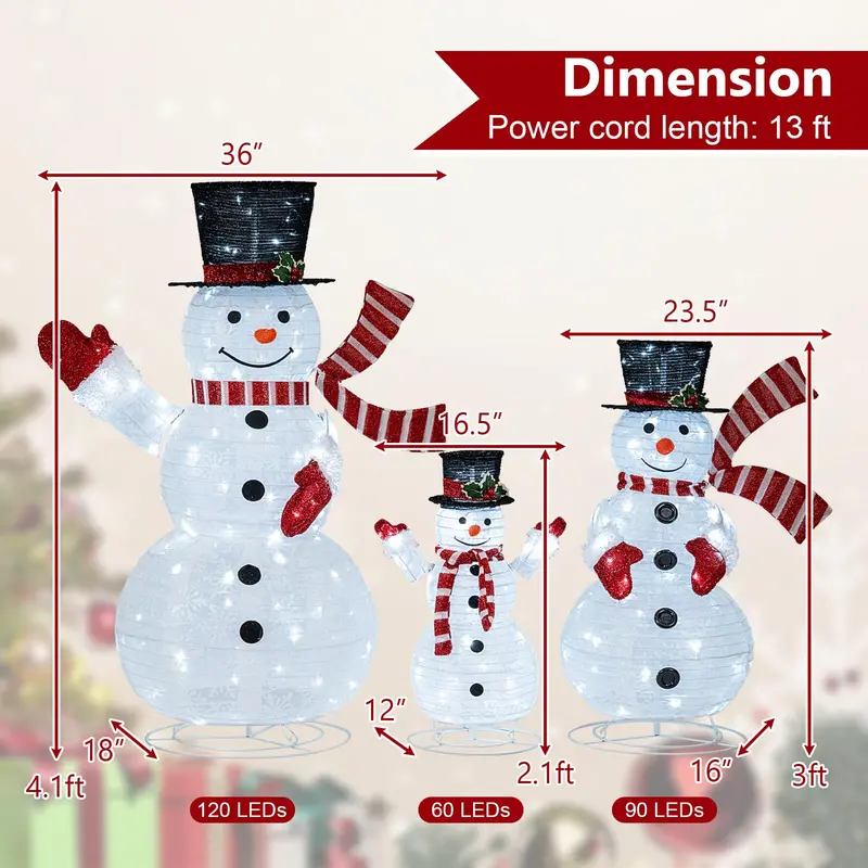 3D Pre-Lit Snowman Decoration Set – Festive Holiday Display with 270 Warm White LED Lights
