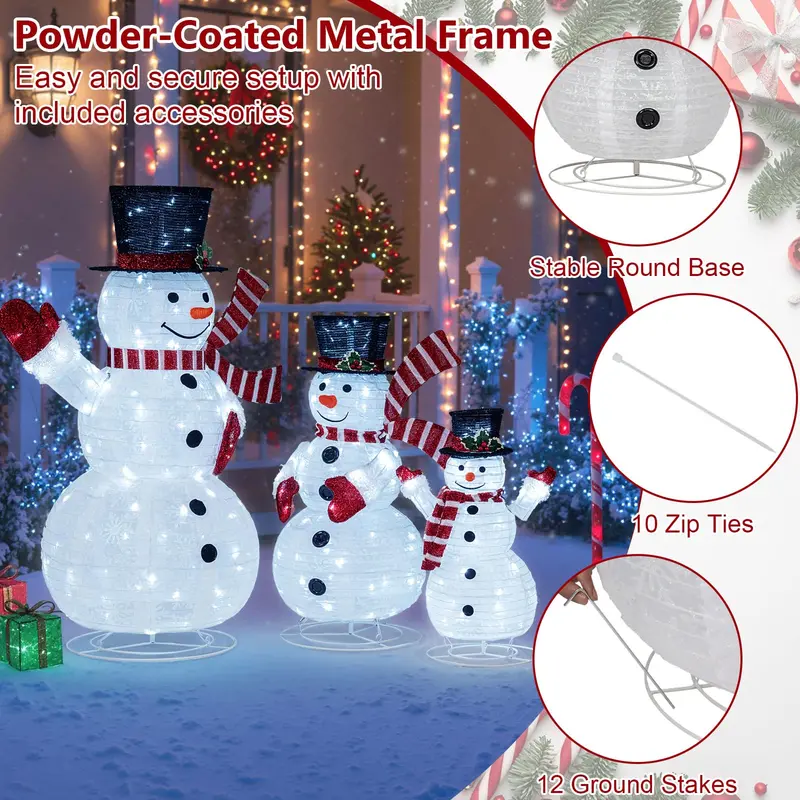 3D Pre-Lit Snowman Decoration Set – Festive Holiday Display with 270 Warm White LED Lights