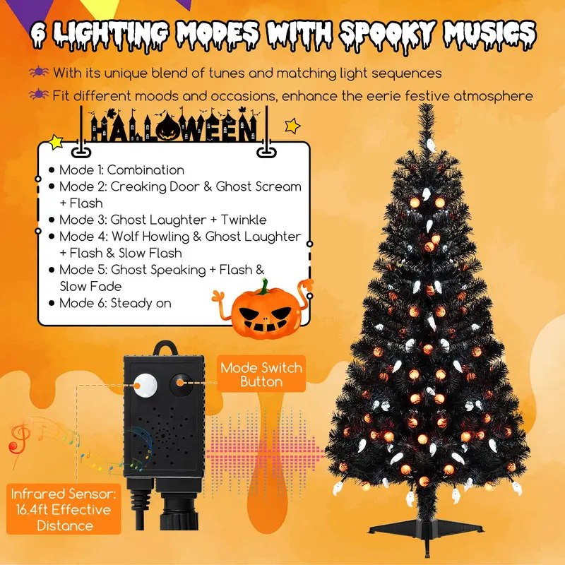 4.5 ft Spooky Pre-Lit Halloween Tree – Interactive Decor with 6 Light Modes & Music-Synced Effects