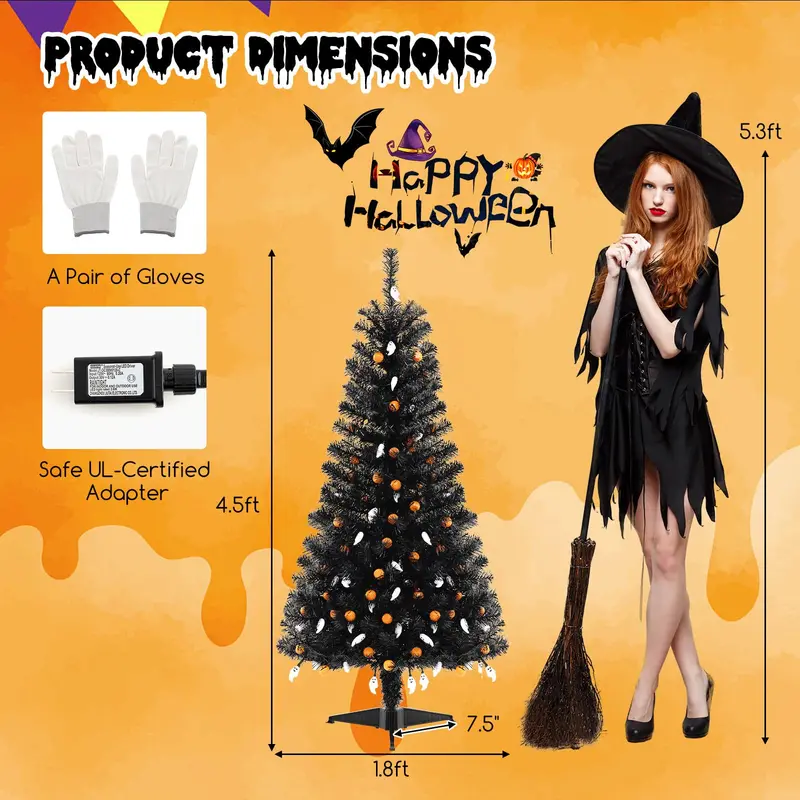4.5 ft Spooky Pre-Lit Halloween Tree – Interactive Decor with 6 Light Modes & Music-Synced Effects