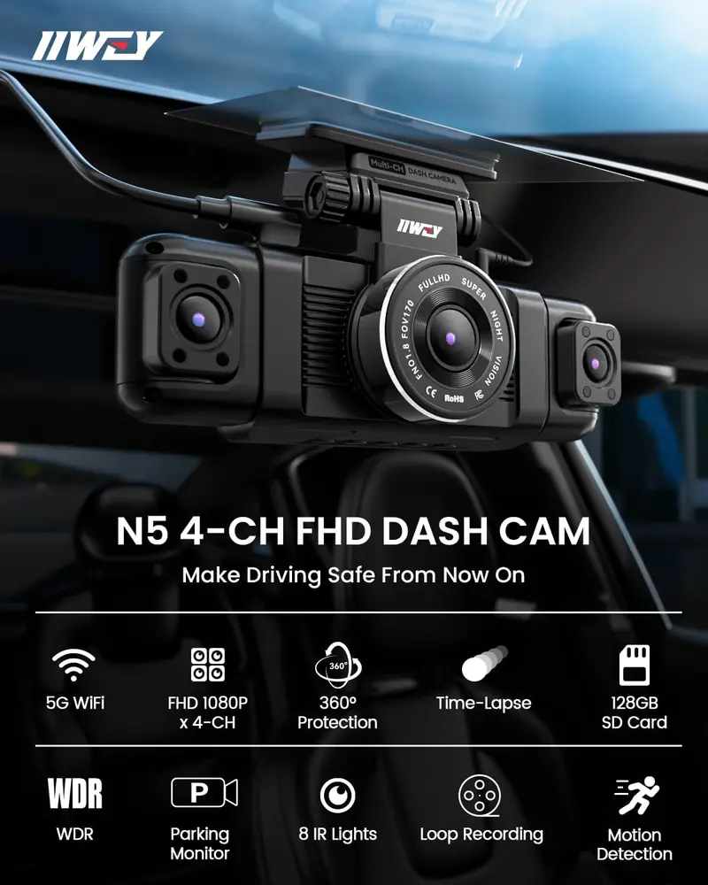 4-Channel 360° Dash Cam System – Front/Rear/Left/Right Coverage, 1080P Video, 8 IR Lights, 5G Wi-Fi & Free 128GB SD Card 2