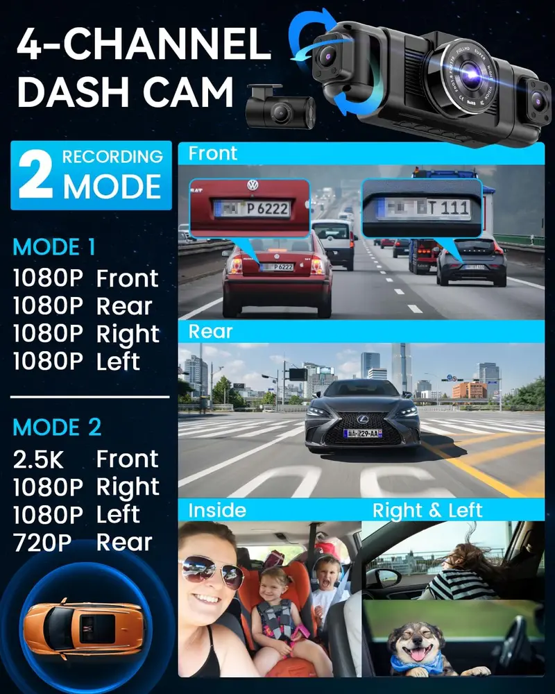 4-Channel 360° Dash Cam System – Front/Rear/Left/Right Coverage, 1080P Video, 8 IR Lights, 5G Wi-Fi & Free 128GB SD Card