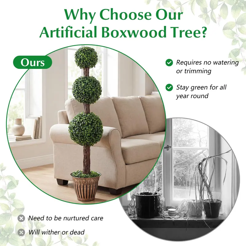 4-Foot Artificial Triple-Ball Boxwood Topiary Tree – Realistic Faux Greenery