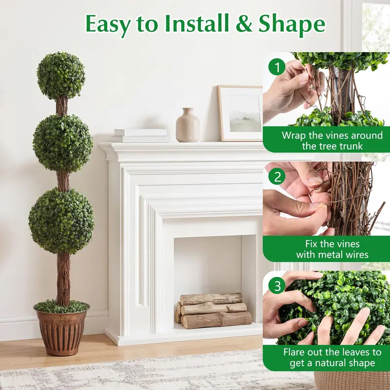 4-Foot Artificial Triple-Ball Boxwood Topiary Tree – Realistic Faux Greenery