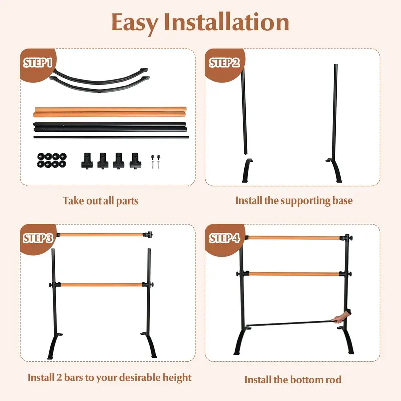 4-Foot Freestanding Ballet Barre – Double-Rail Adjustable Design with Non-Slip Base