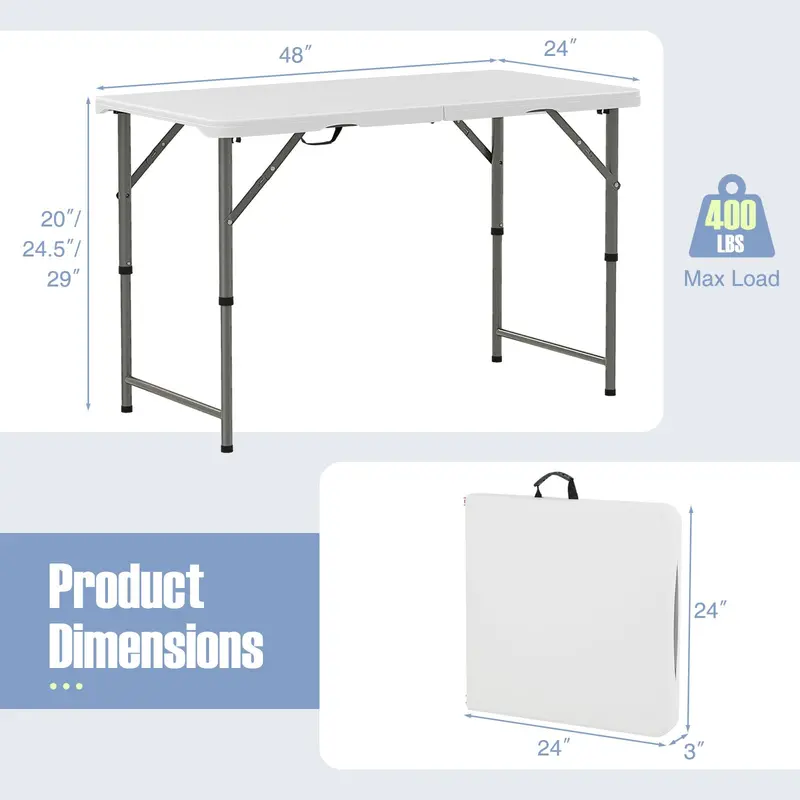 4-Foot Portable Folding Table – 400 lb Load Rating, Adjustable Indoor/Outdoor HDPE Table