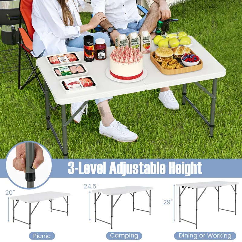 4-Foot Portable Folding Table – 400 lb Load Rating, Adjustable Indoor/Outdoor HDPE Table