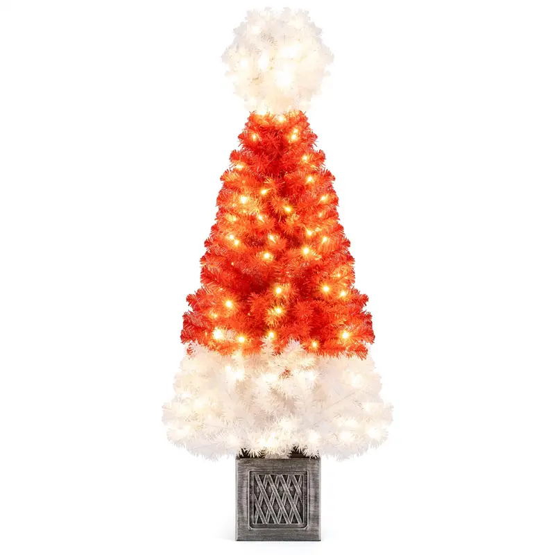 4-Foot Potted Christmas Tree – Pre-Lit Artificial Entrance Tree with Santa Hat & 300 Realistic Branch Tips