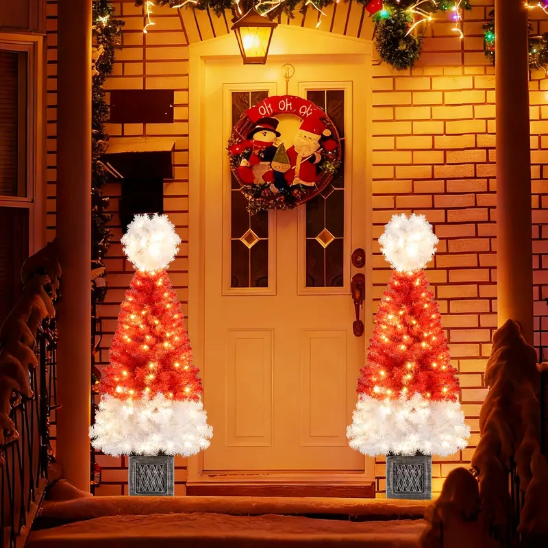4-Foot Potted Christmas Tree – Pre-Lit Artificial Entrance Tree with Santa Hat & 300 Realistic Branch Tips 2