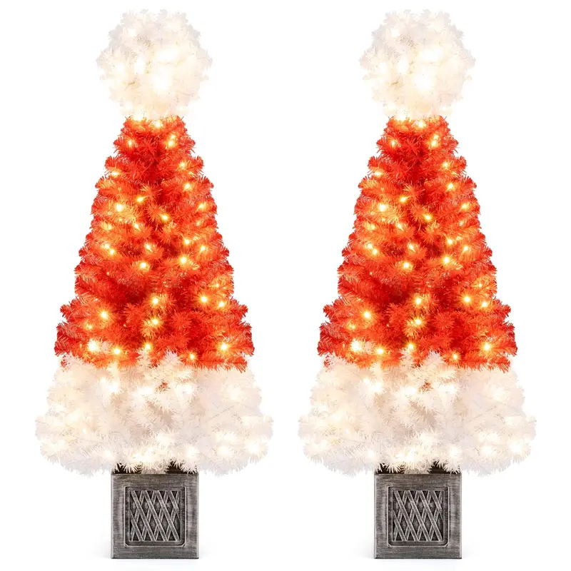 4-Foot Potted Christmas Tree – Pre-Lit Artificial Entrance Tree with Santa Hat & 300 Realistic Branch Tips