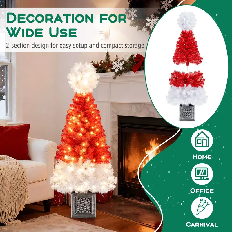 4-Foot Potted Christmas Tree – Pre-Lit Artificial Entrance Tree with Santa Hat & 300 Realistic Branch Tips