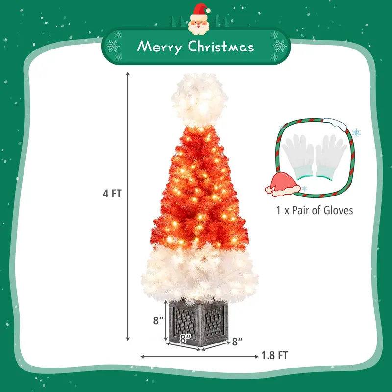 4-Foot Potted Christmas Tree – Pre-Lit Artificial Entrance Tree with Santa Hat & 300 Realistic Branch Tips
