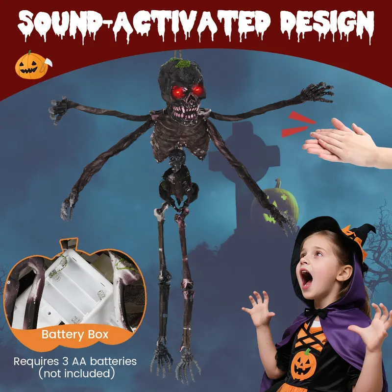4-Foot Sound-Activated Hanging Zombie Skeleton – Animated Halloween Decoration