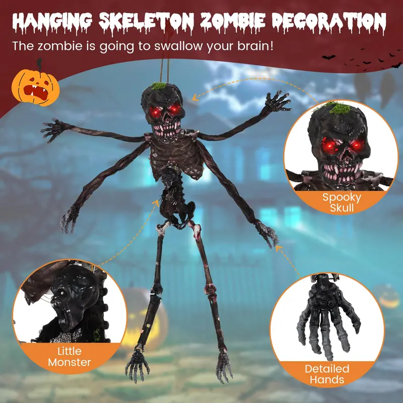 4-Foot Sound-Activated Hanging Zombie Skeleton – Animated Halloween Decoration