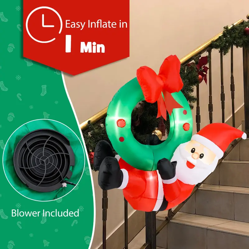 4 ft Inflatable Santa Claus – Blow-Up Outdoor Christmas Decor with Built-in LED Lights & Wreath Accent 2