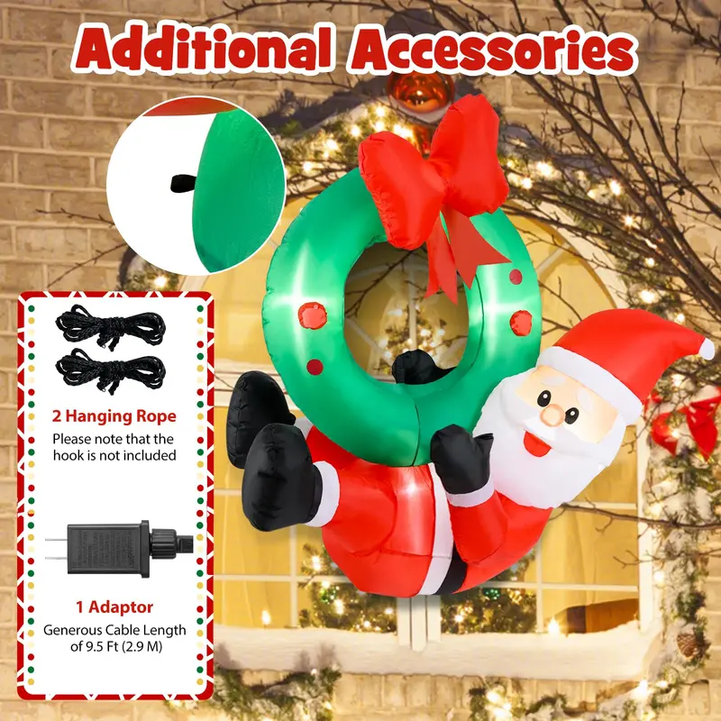 4 ft Inflatable Santa Claus – Blow-Up Outdoor Christmas Decor with Built-in LED Lights & Wreath Accent