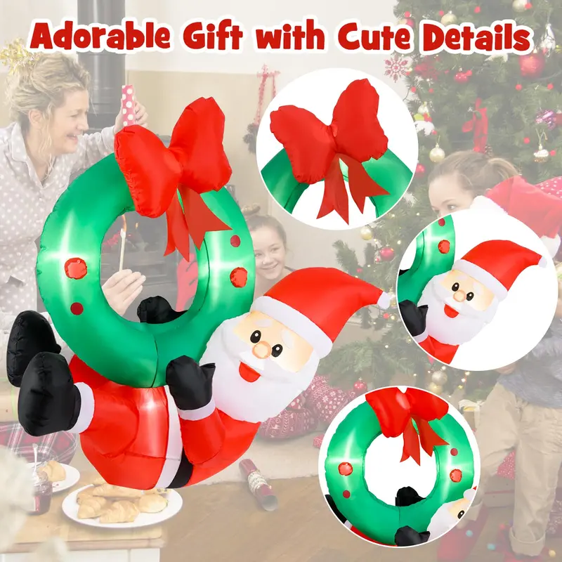4 ft Inflatable Santa Claus – Blow-Up Outdoor Christmas Decor with Built-in LED Lights & Wreath Accent