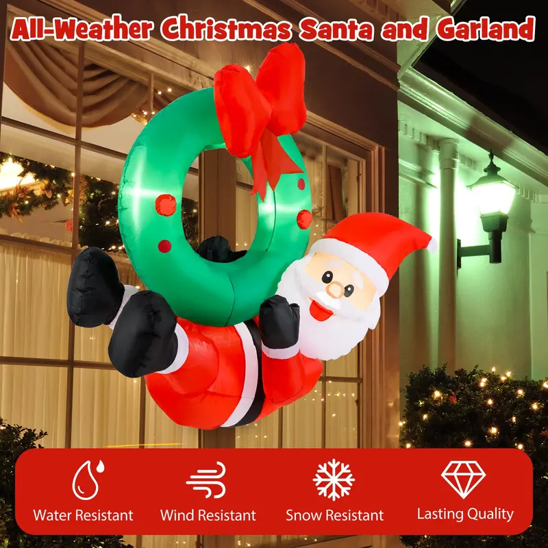 4 ft Inflatable Santa Claus – Blow-Up Outdoor Christmas Decor with Built-in LED Lights & Wreath Accent