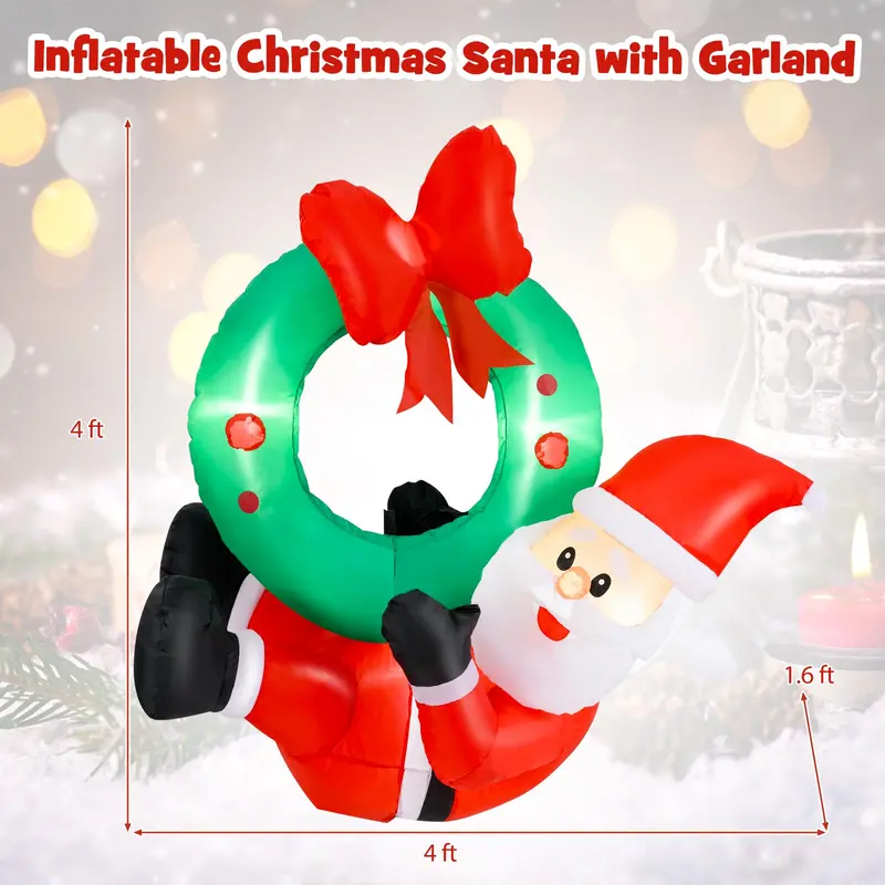 4 ft Inflatable Santa Claus – Blow-Up Outdoor Christmas Decor with Built-in LED Lights & Wreath Accent
