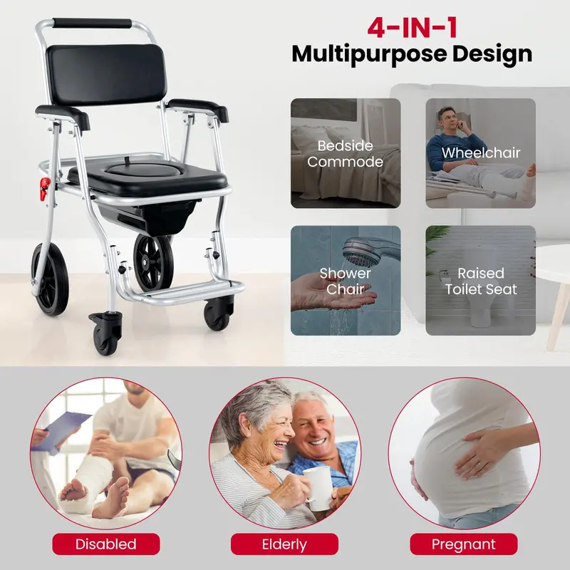 4-in-1 Foldable Shower Commode Wheelchair – 330-Pound Capacity with Armrests 2