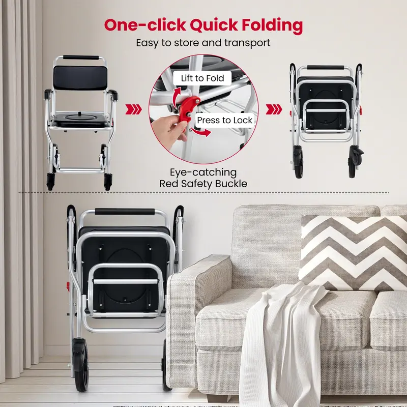 4-in-1 Foldable Shower Commode Wheelchair – 330-Pound Capacity with Armrests