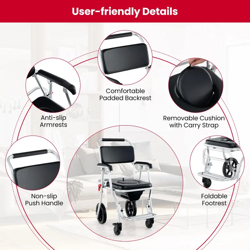 4-in-1 Foldable Shower Commode Wheelchair – 330-Pound Capacity with Armrests