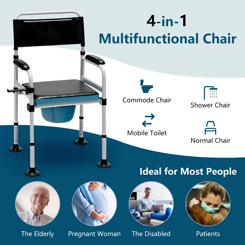 4-in-1 Folding Bedside Commode – Shower Chair with Detachable Waste Bucket