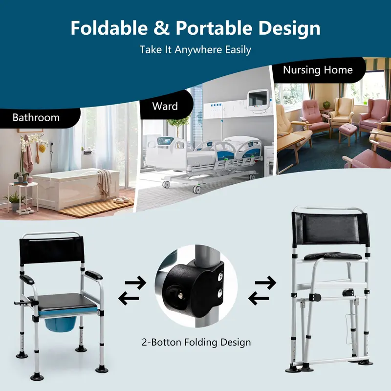 4-in-1 Folding Bedside Commode – Shower Chair with Detachable Waste Bucket