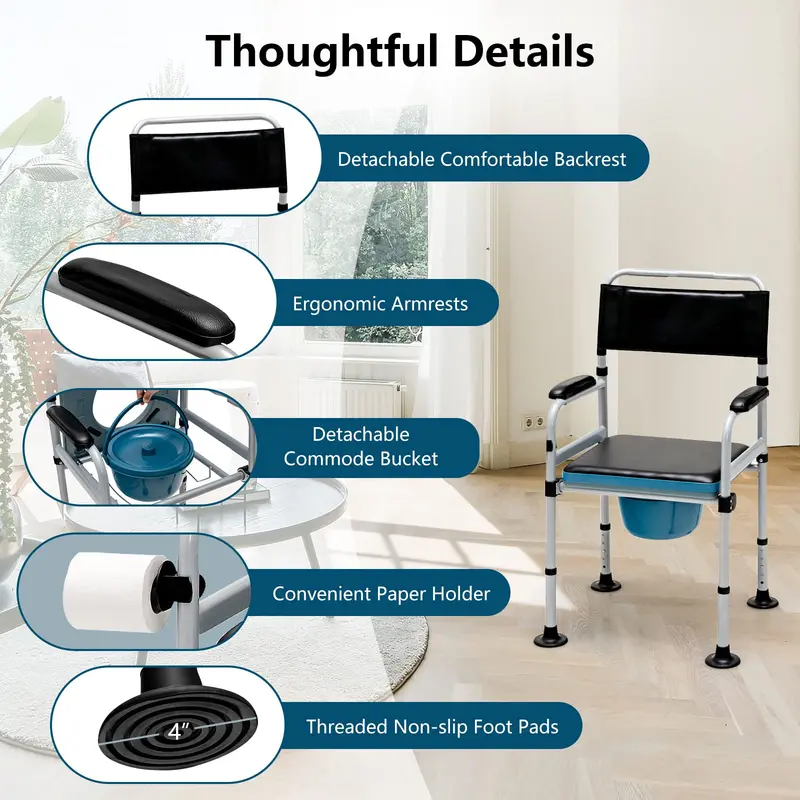 4-in-1 Folding Bedside Commode – Shower Chair with Detachable Waste Bucket