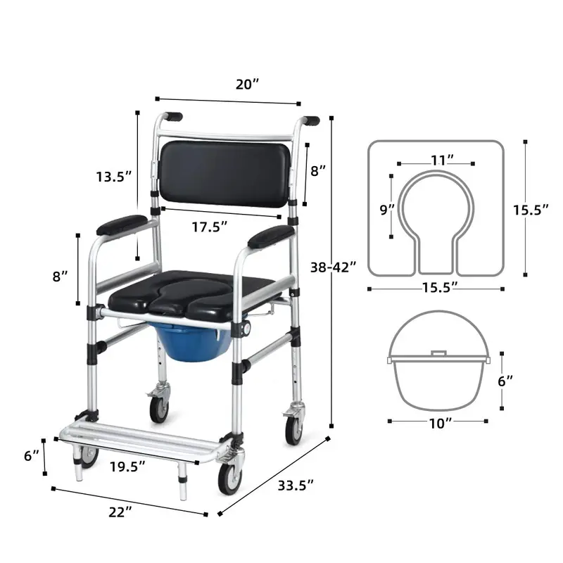 4-in-1 Shower Commode Wheelchair with 330 lb Weight Capacity and Armrests 2
