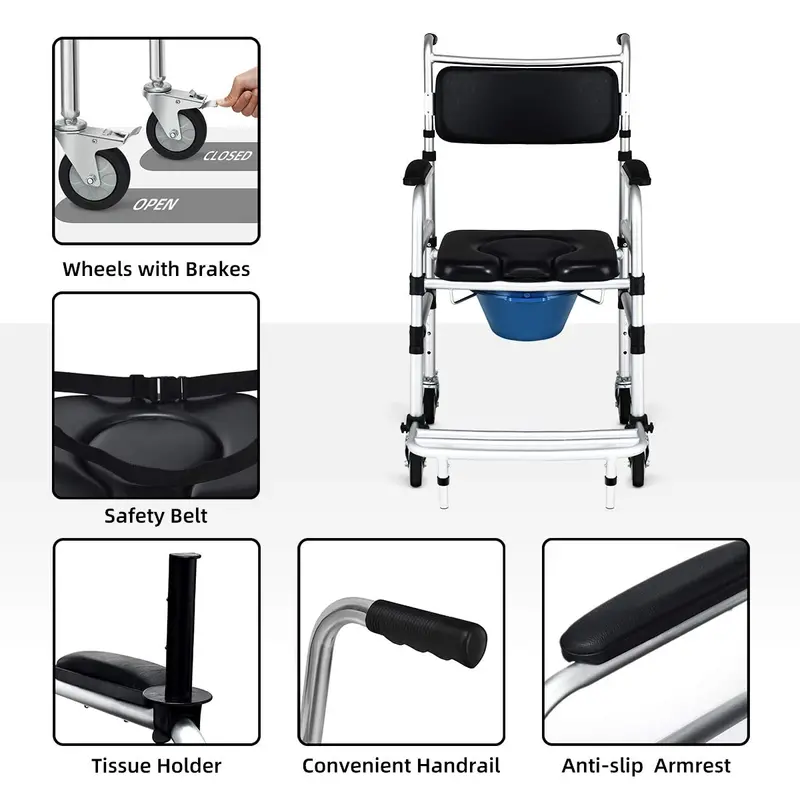 4-in-1 Shower Commode Wheelchair with 330 lb Weight Capacity and Armrests