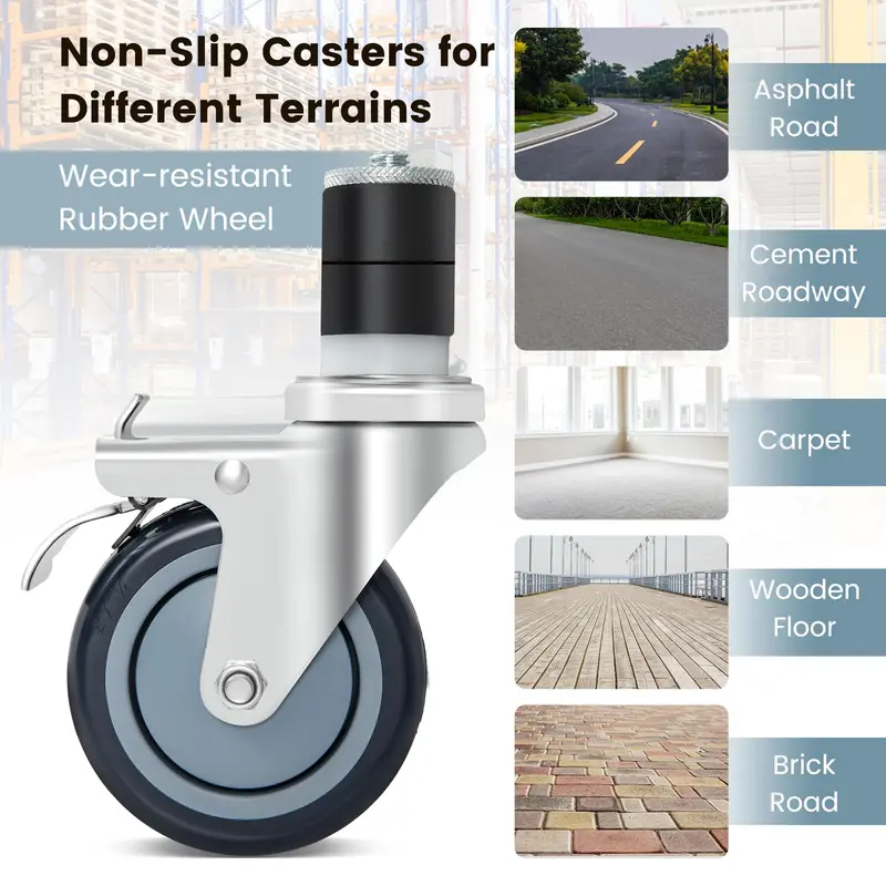 4-Inch Caster Wheel Set – Expandable Stem, 4-Pack with 2 Brake Wheels