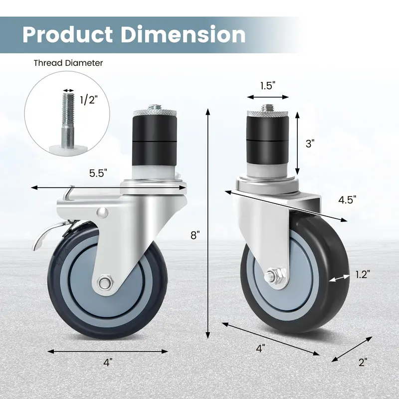 4-Inch Caster Wheel Set – Expandable Stem, 4-Pack with 2 Brake Wheels