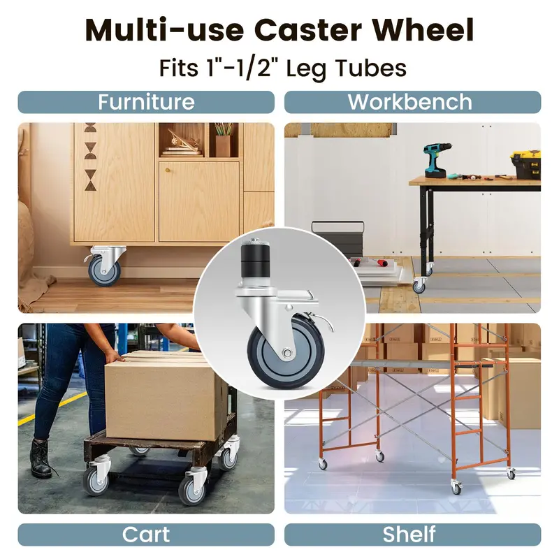 4-Inch Caster Wheel Set – Expandable Stem, 4-Pack with 2 Brake Wheels