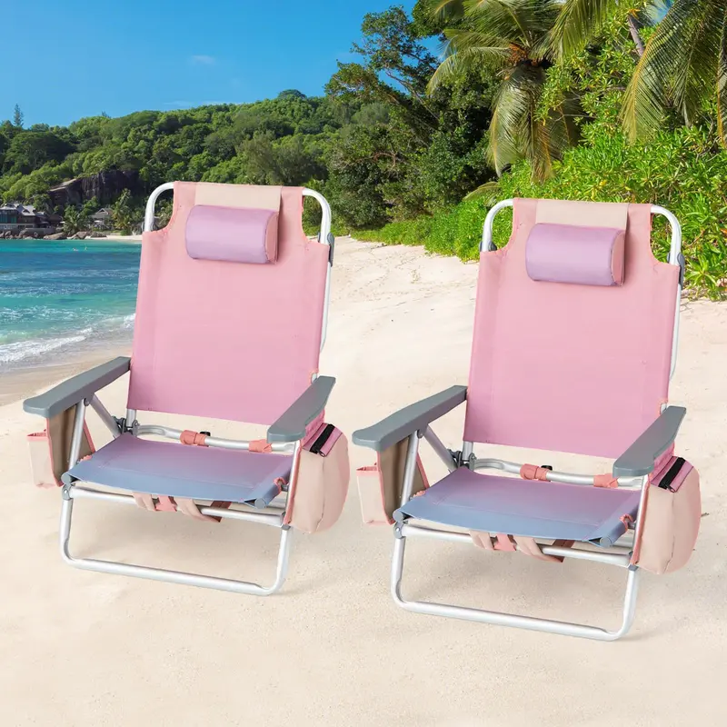 4-Pack Portable Backpack Beach Chairs Featuring Built-in Cooler Bag & Cup Holders