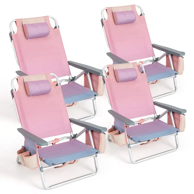 4-Pack Portable Backpack Beach Chairs Featuring Built-in Cooler Bag & Cup Holders