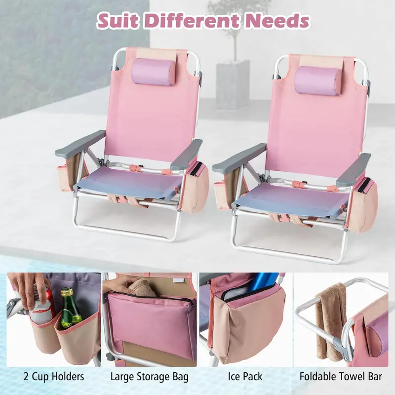 4-Pack Portable Backpack Beach Chairs Featuring Built-in Cooler Bag & Cup Holders