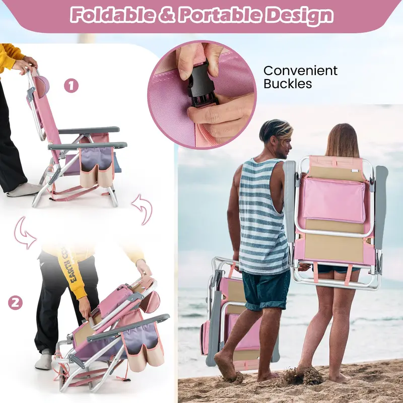4-Pack Portable Backpack Beach Chairs Featuring Built-in Cooler Bag & Cup Holders