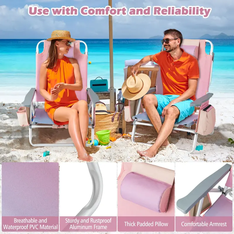 4-Pack Portable Backpack Beach Chairs Featuring Built-in Cooler Bag & Cup Holders