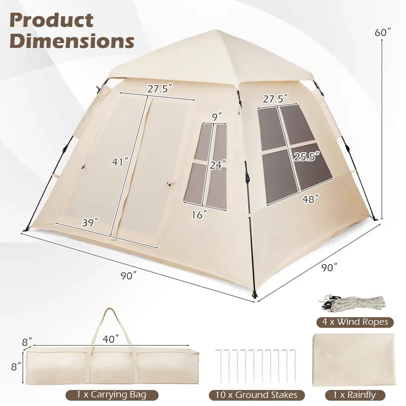 4-Person Camping Tent with Rainfly – Dual Doors, Mesh Windows, Portable Carry Bag
