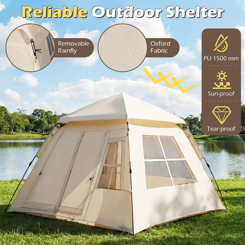 4-Person Camping Tent with Rainfly – Dual Doors, Mesh Windows, Portable Carry Bag