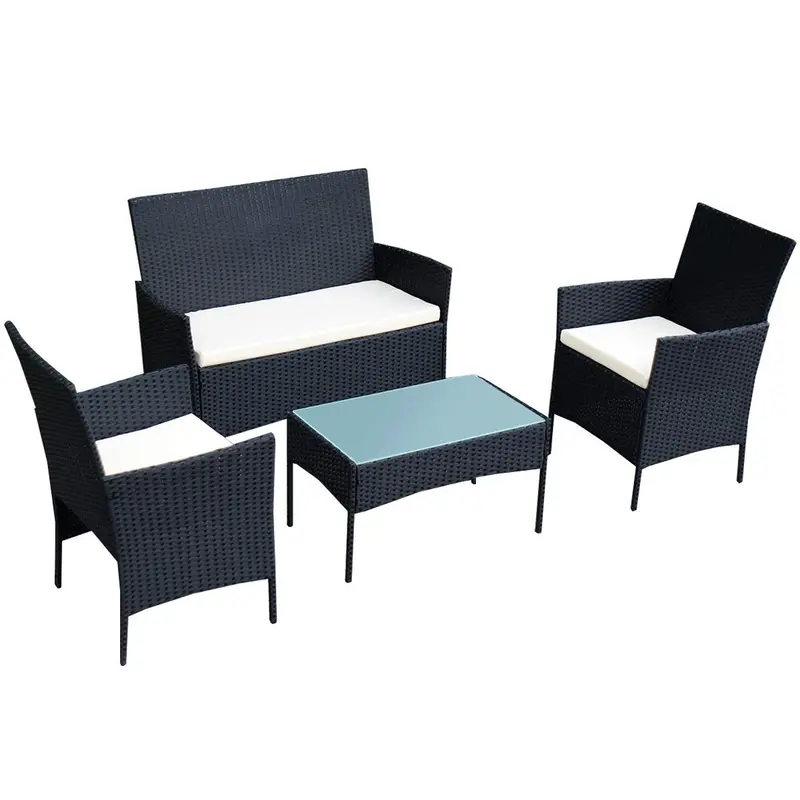 4-Piece Outdoor Rattan Sofa Set with All-Weather Cushions and Black Wicker Frame