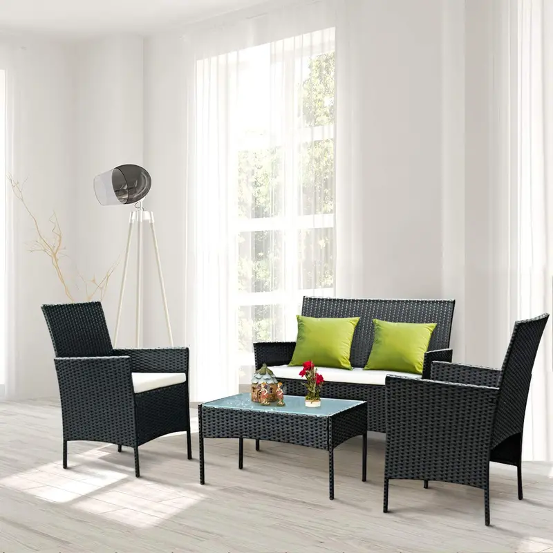 4-Piece Outdoor Rattan Sofa Set with All-Weather Cushions and Black Wicker Frame 2